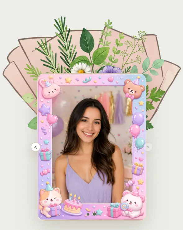 A smiling girlfriend portrait inside a pink birthday Photo Booth frame in a DigiBouquet